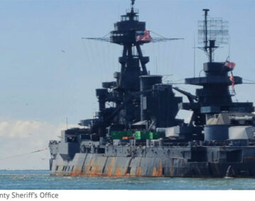 Battleship USS Texas in tow to Gulf Copper dry dock